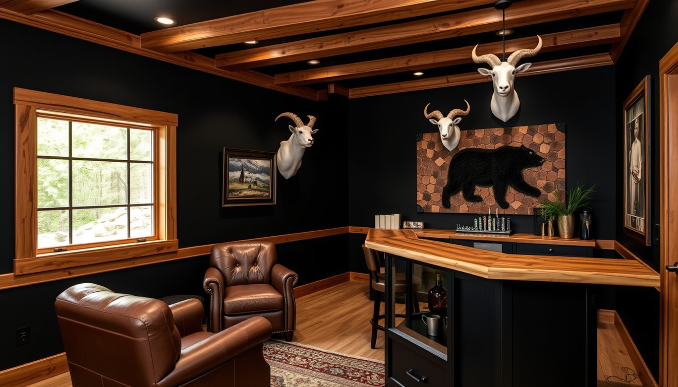 Main art studio: Make me a 20x20x20 man cave with black walls and mesquite trim. Mesquite bar top. Leather chairs. A white mountain goat full body mount and black bear