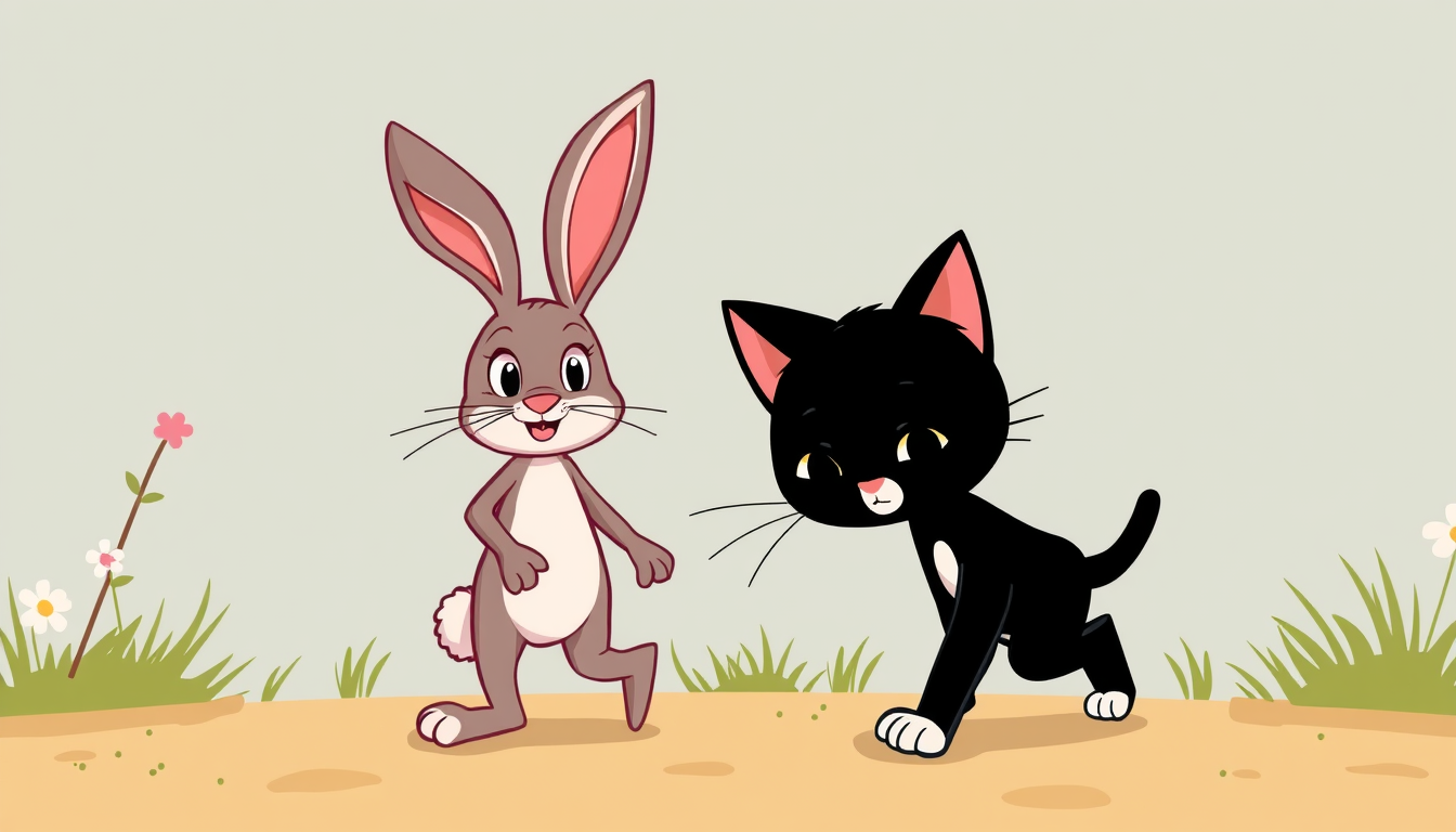 Main art studio: kids cartoon black walking cat and bunny where lucha musks