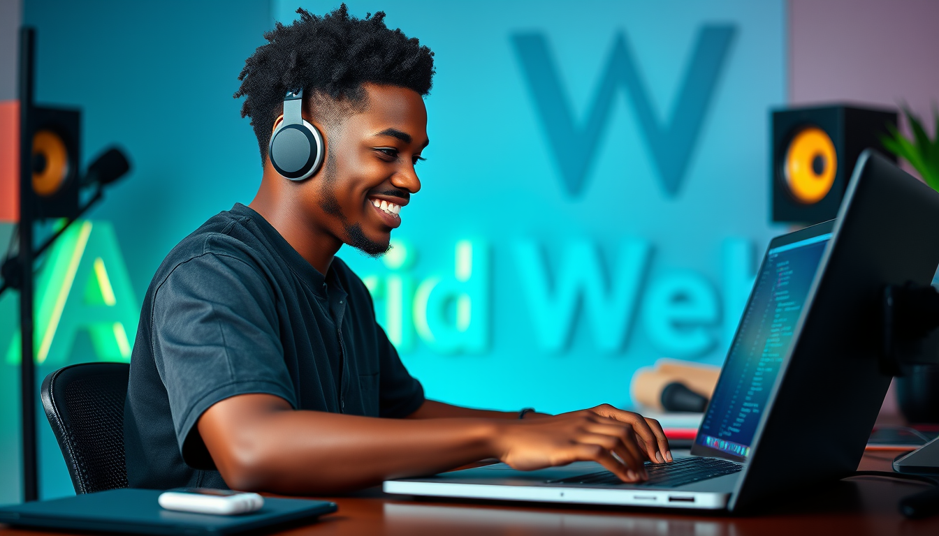 Main art studio: help me generate an image of a black young nigerian guy about 16 to 17 years old coding in a studio, the name of the Studio is (AmoridWeb Studio), the