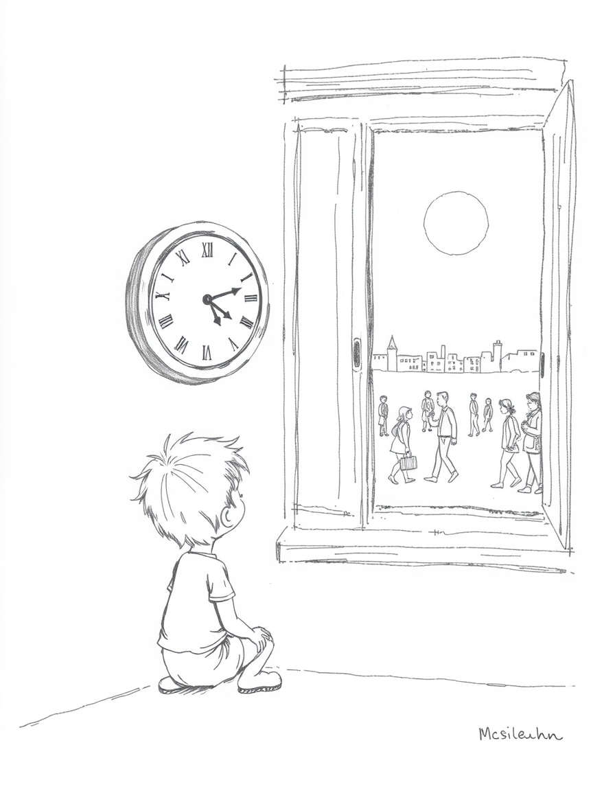 Main art studio: Black and white pencil sketch, simple childlike hand-drawn style. A little boy sits beside an old wall clock that has stopped working. He looks at the