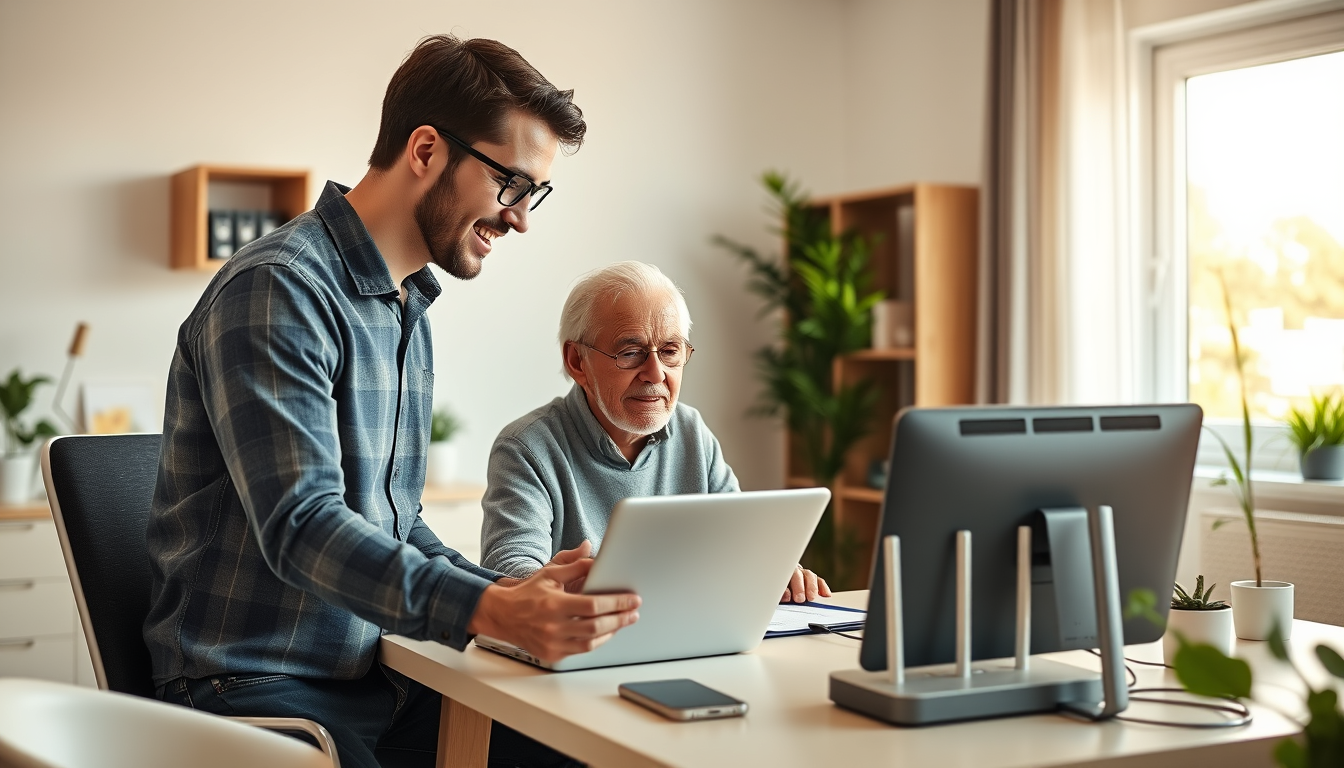 Main art studio: A modern, clean home office environment showing a friendly technology support scene. A male person helping to an older adult person with a laptop comp