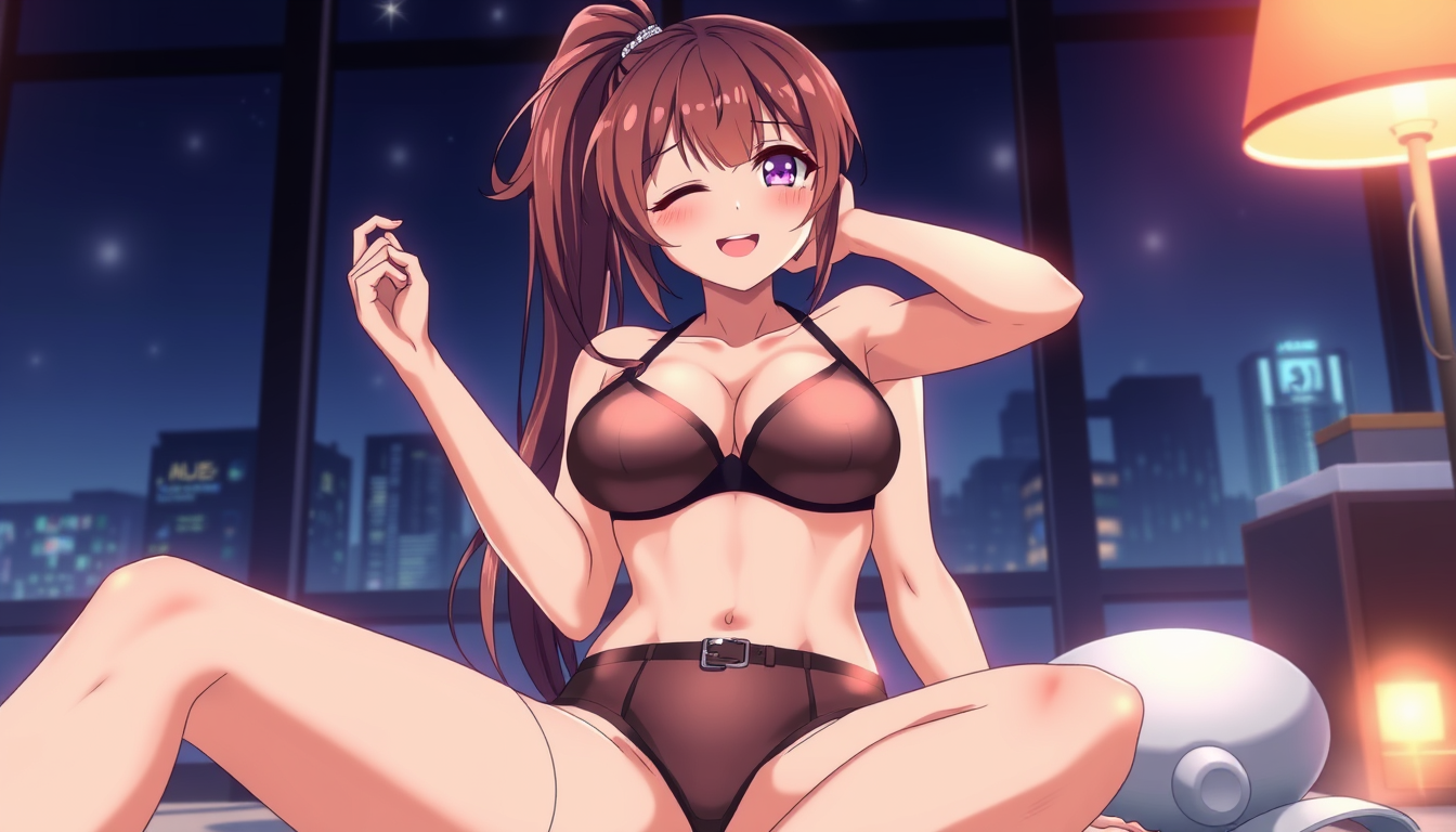 Main art studio: hot anime girl wearing innerwear super curvy and massive bs revealing full body transparent bra full body and face ponytail hairstyle white tongue out