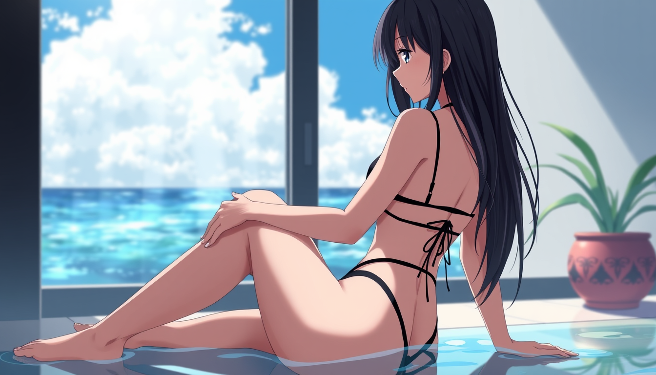 Main art studio: a anime women in her 20's wearing a black dark bikini, she has black hair, i want a rier view from behind and under her while she is sitting