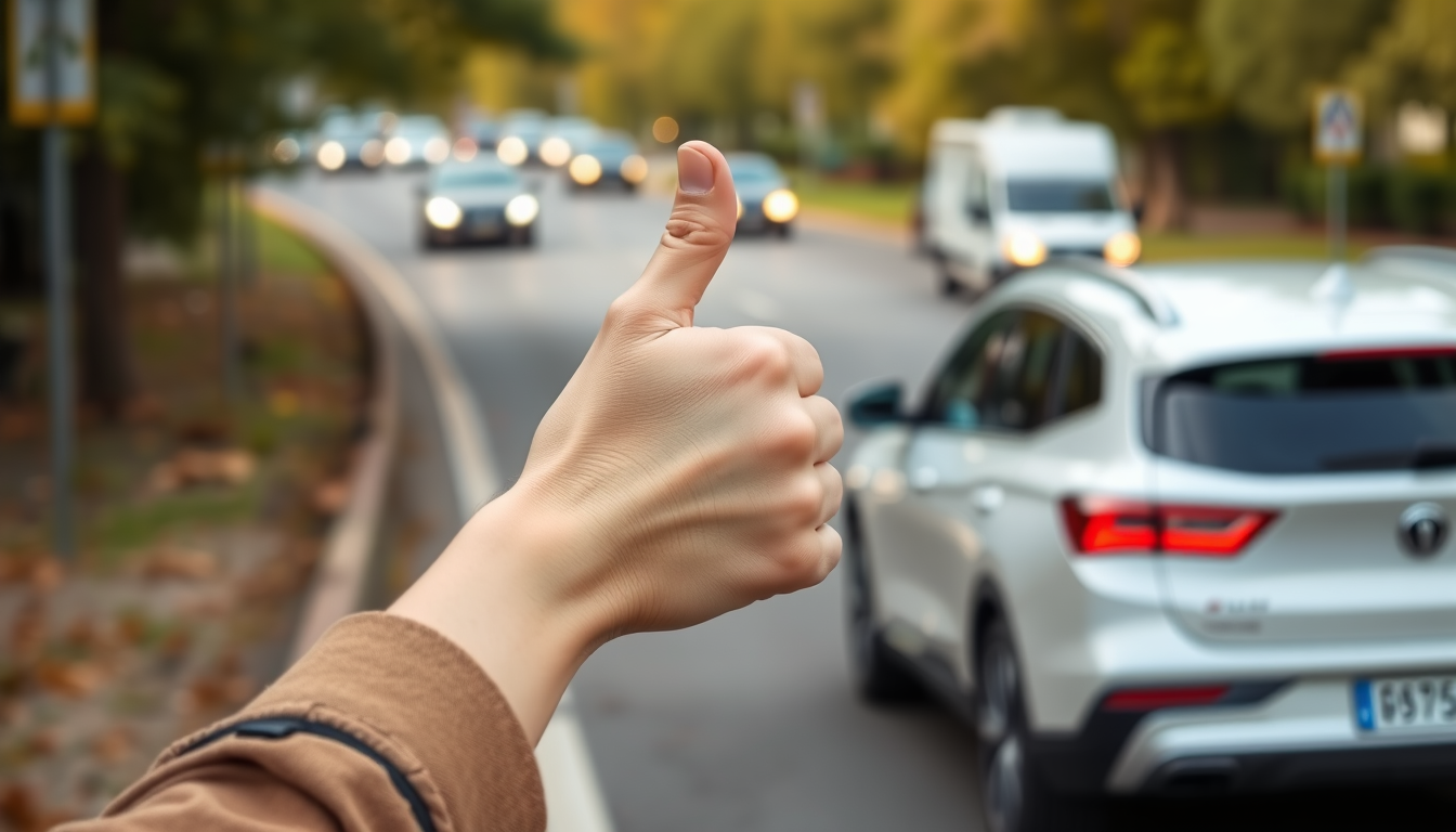 Main art studio: show a female arm with thumb up. site road and cars passing by