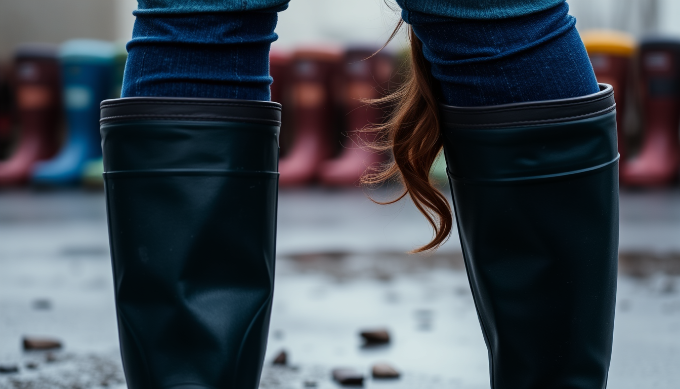 Main art studio: beautiful brunette woman in wellies