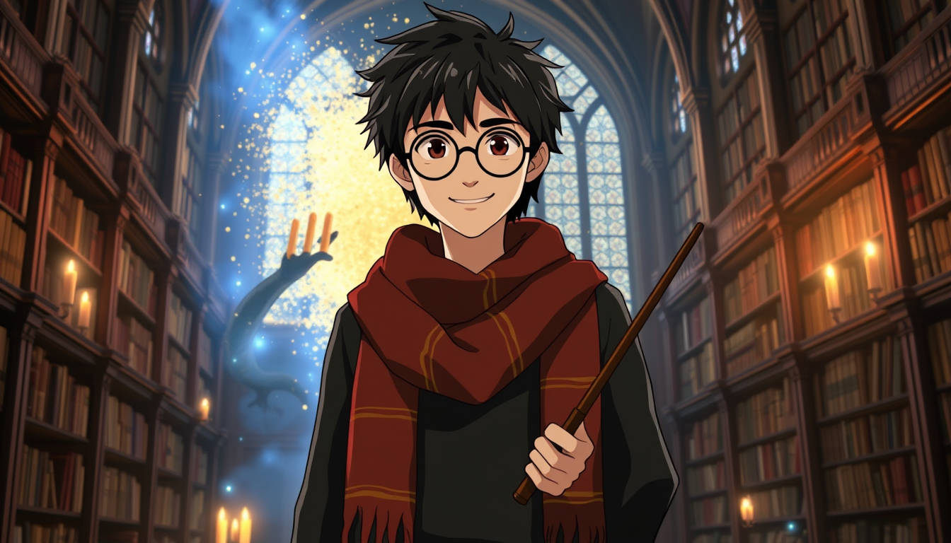 Main art studio: 2D anime movie ending, Harry Potter with messy black hair, round glasses and red gold Gryffindor scarf standing victorious inside Hogwarts library, th