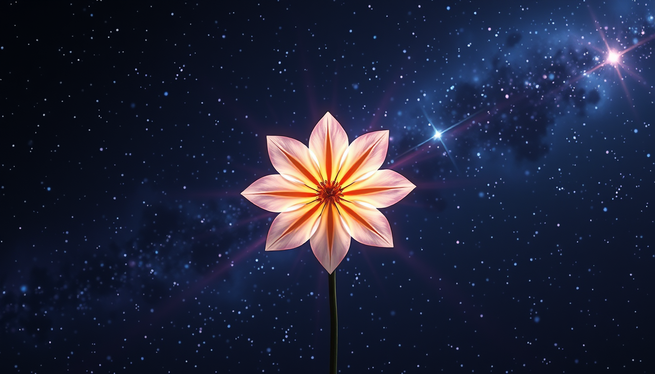 Main art studio: Flower alckemic symbol within the bright light of the everlasting soul, behind there is a beautiful night sky, celestial energy.