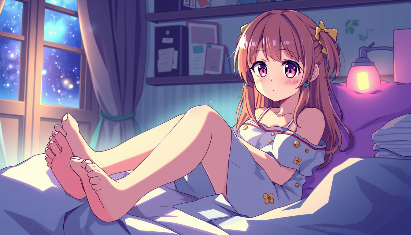 Anime idea: anime style, vibrant colors, expressive eyes, Animer fille montrant ces pieds nus dans le lit , detailed anime illustration