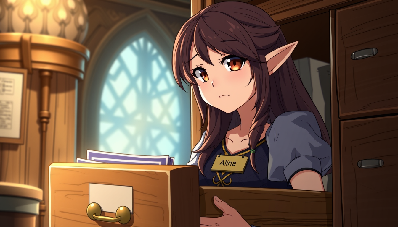 Main art studio: Anime; adventurers' guild; open wooden filing cabinet drawer; displeased brunette elf with a name tag reading "Alina" searching for a personal profile