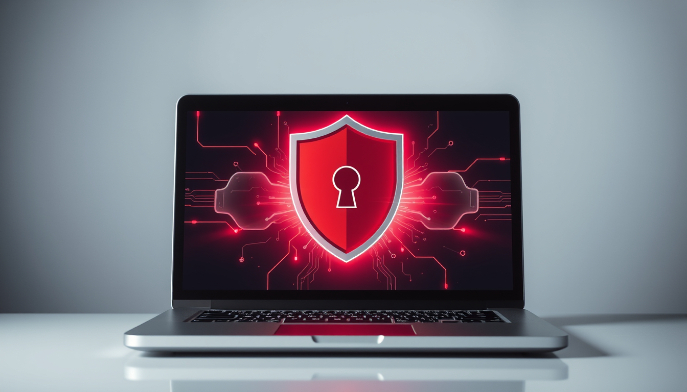 Main art studio: laptop, antivirus, firewall protection, white backgroud