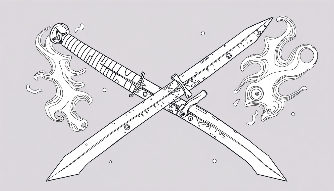 AI Art prompt example created from the prompt: Iron sharpens iron. I want two swords sharpening each other. Make it line art style
