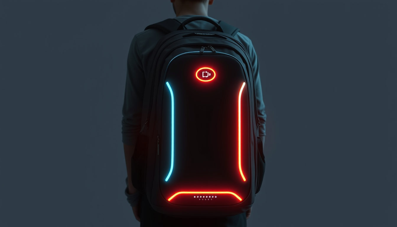 Main art studio: Hi, erstelle mir ein Bild von einem Smart Rucksack, welcher LED Licht, Sprachsteuerung, Ortung, mit dem Handy beidenen kann und modern ist, damit ich
