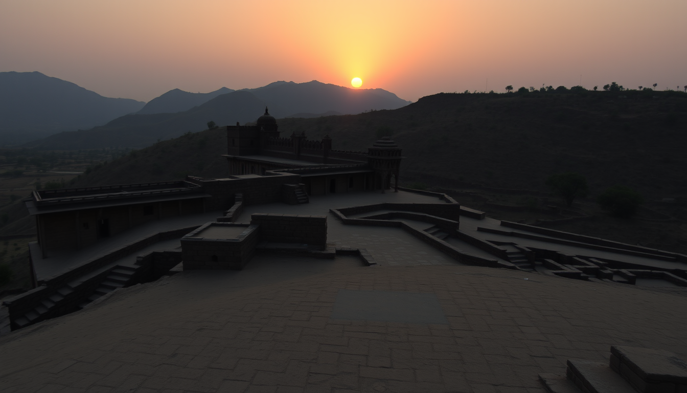 Main art studio: The real Bhangarh Fort in Rajasthan at sunset, orange sun disappearing behind the Aravalli hills, ancient stone palace and ruined temples becoming dar