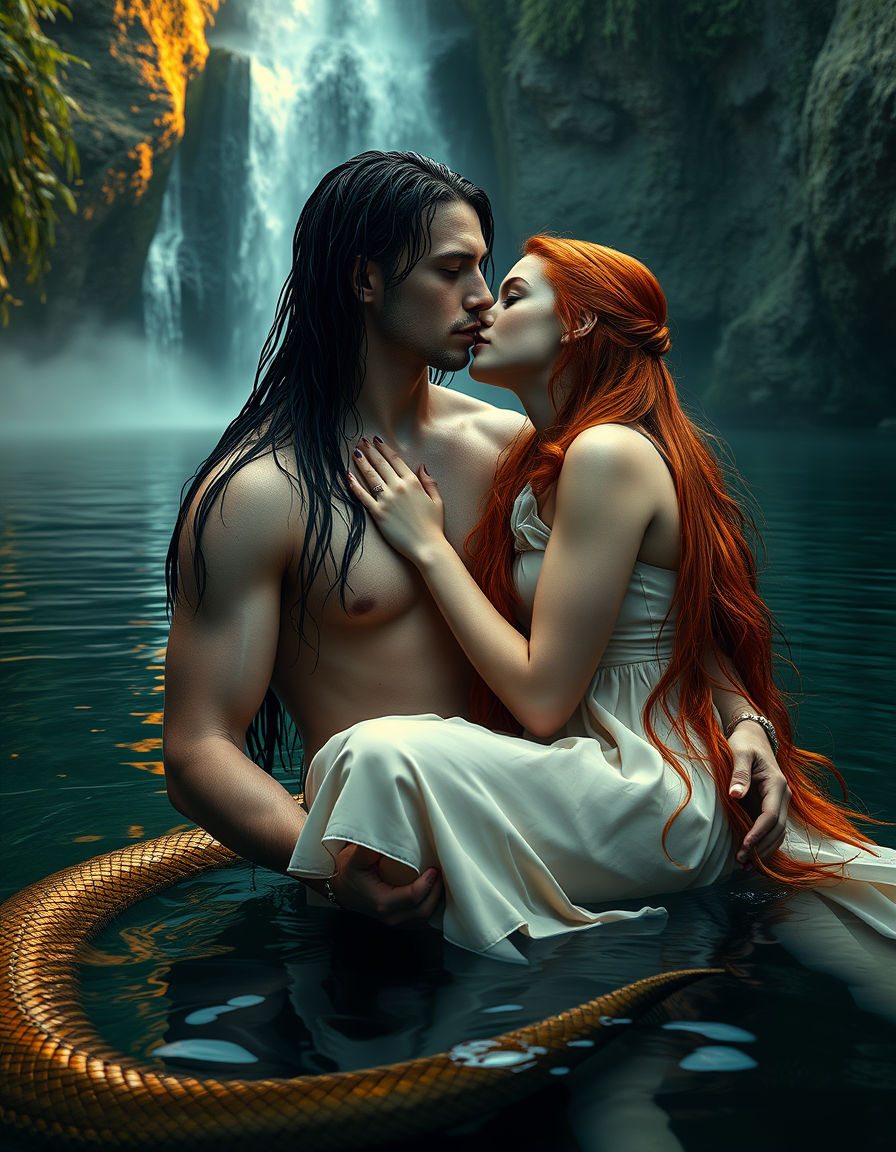 Main art studio: Cinematic dark fantasy, photorealistic. Young adult Serpent King, handsome and athletic, youthful face, glowing amber-gold eyes, long wet black hair,