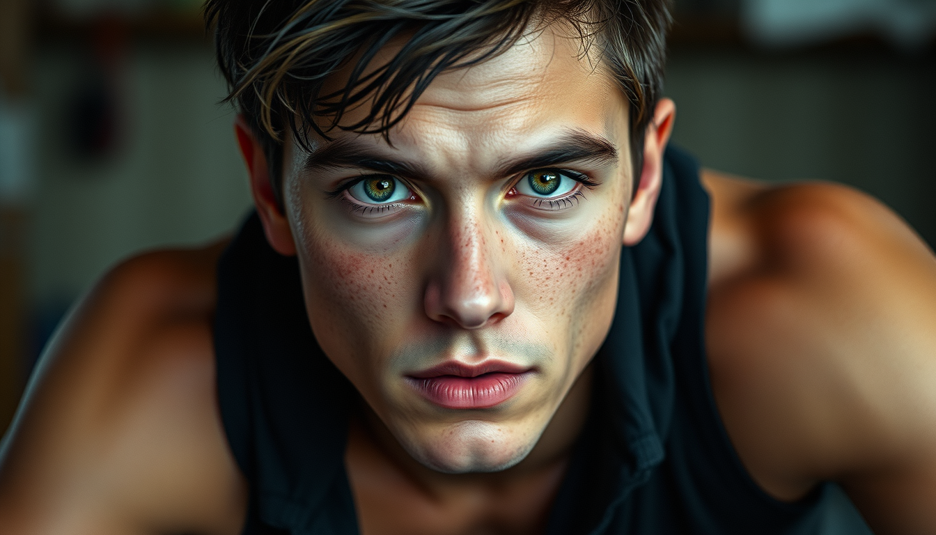 Realistic Images idea: photorealistic generated image, natural materials and skin texture, physically plausible lighting, realistic men, black messy hair, green eyes, gym bo