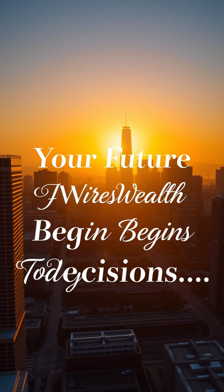 Main art studio: Luxury sunrise over a modern city skyline, golden light, elegant typography: “Your Future Wealth Begins With Today’s Decisions.”, premium motivational