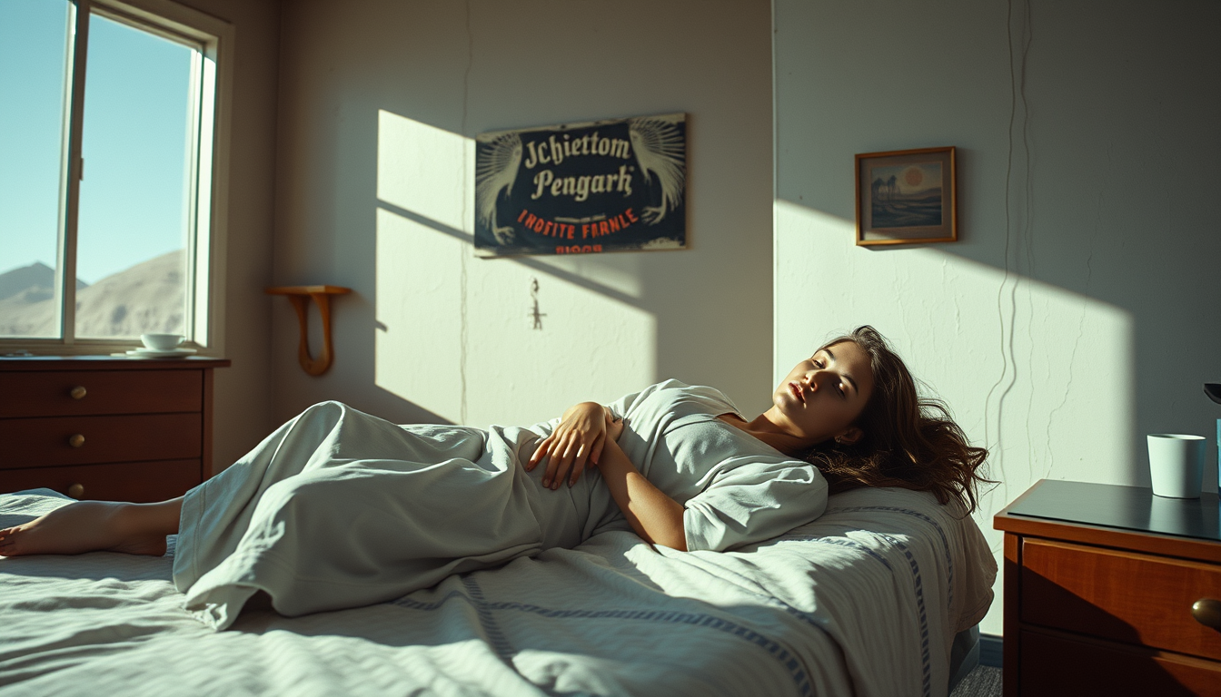 Realistic Images idea: photorealistic generated image, natural materials and skin texture, physically plausible lighting, A quiet desert motel at noon, faded paint, hard sha