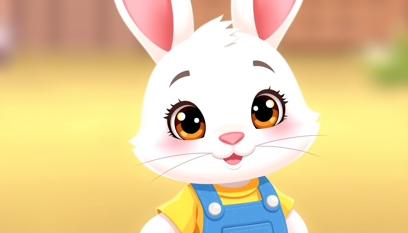 Main art studio: A cute little cartoon bunny named Coco, 5 years old, soft white fur, big expressive brown eyes, wearing a yellow shirt and blue overalls, cheerful and