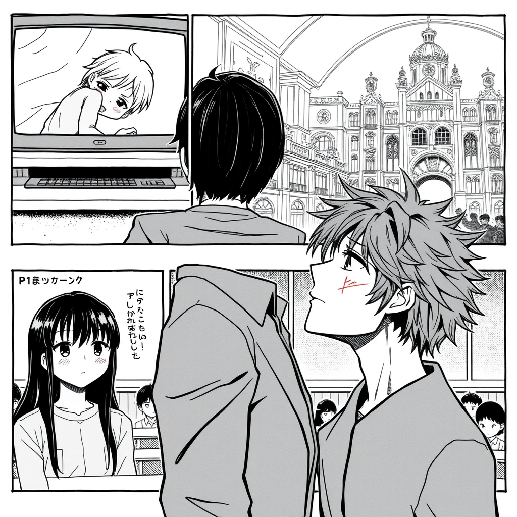 AI Art prompt example created from the prompt: Modern Japanese manga, polished print style, 5 panels, realistic proportions, confident G-pen ink, varied line weight, crisp black shadows,