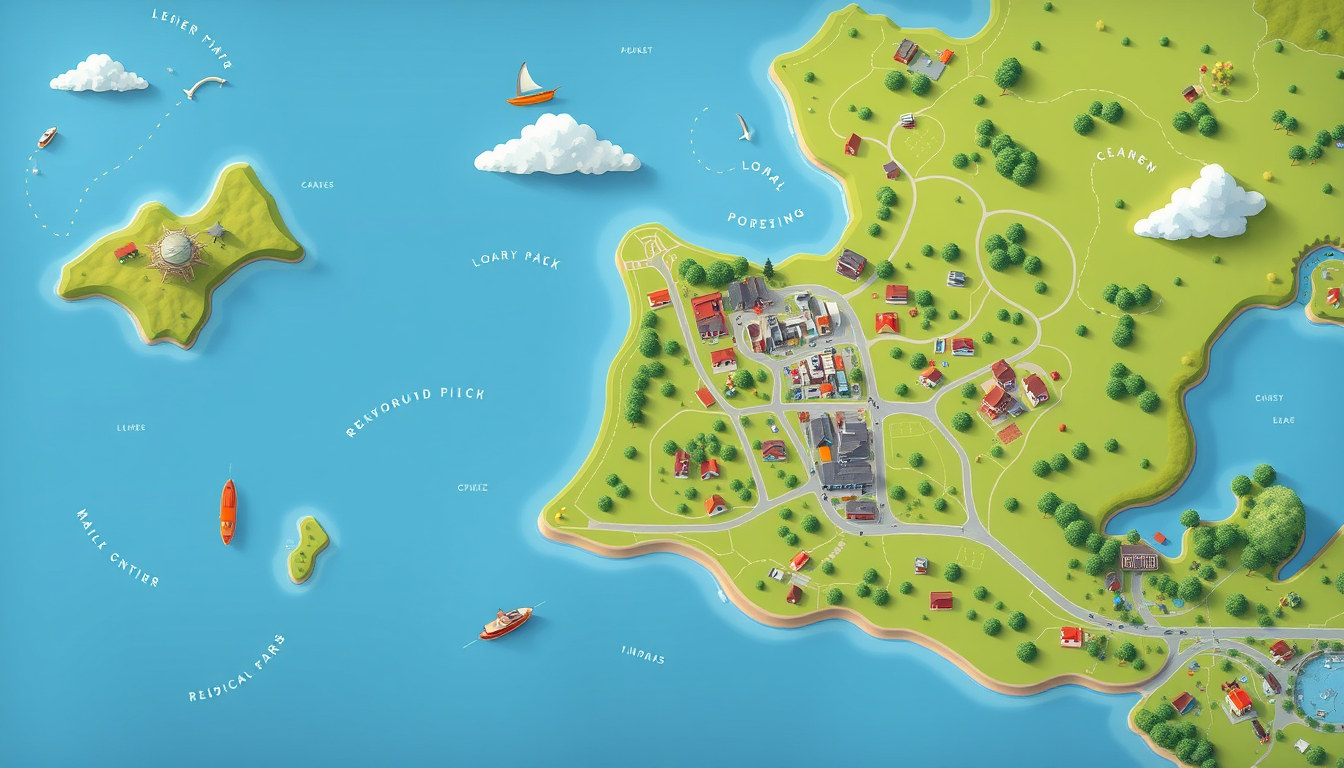 Fantasy Maps idea: a readable fictional world map with coherent coastlines, terrain regions, routes, and landmarks, deliberate composition, “Create a fictional suburb ca