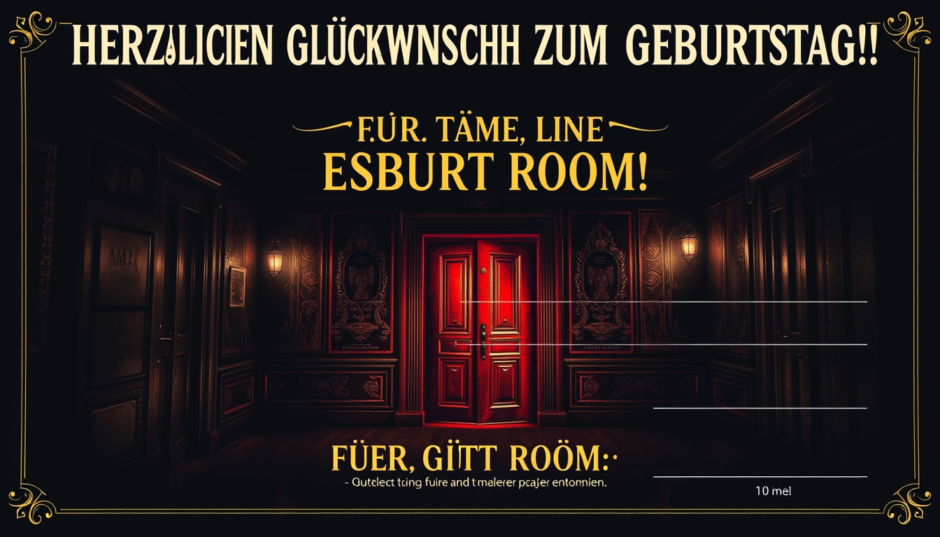 Main art studio: A4-Hochformat, hochwertiger Geschenkgutschein im dunklen, spannenden Escape-Room-Stil. Mysteriöser Raum mit dramatischem Licht, geheimen Türen, Schlös