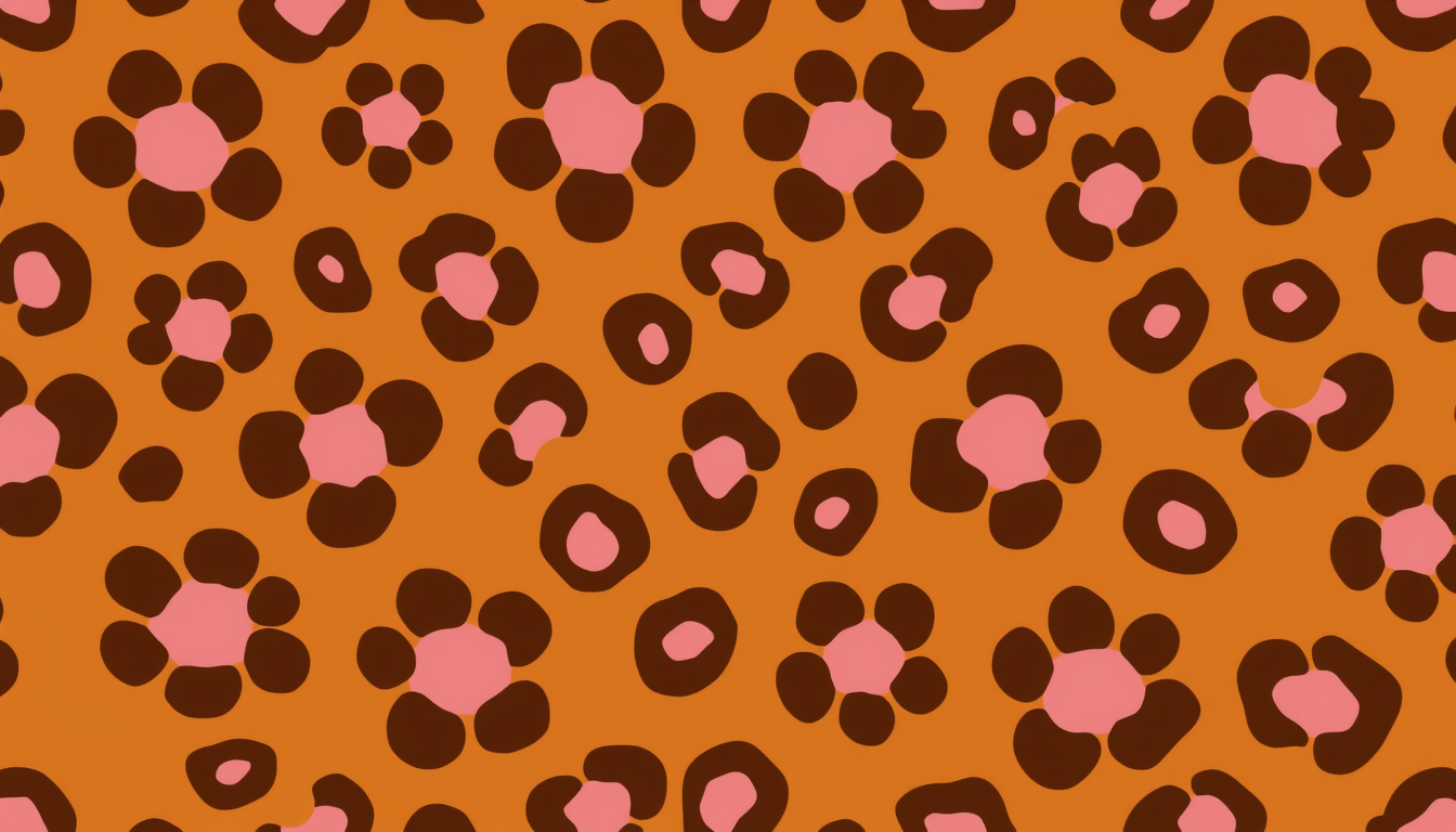 Main art studio: Actual leopard print, not flowers. Warm brown background, dark chocolate-brown leopard rosettes with smooth, rounded, curvy outlines, soft pink center
