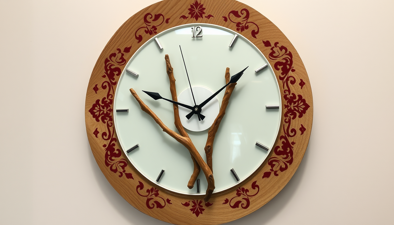 Main art studio: ### Image Prompt A handmade luxury resin wall clock with a round MDF center and clear glossy resin in the middle. Three natural wooden branches are pl