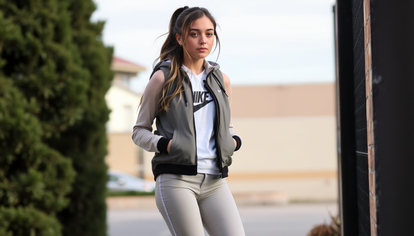 Main art studio: fais moi une fille avec des cheveux brun long et habiller en jogging nike en vest nike et des air force blanche au pieds