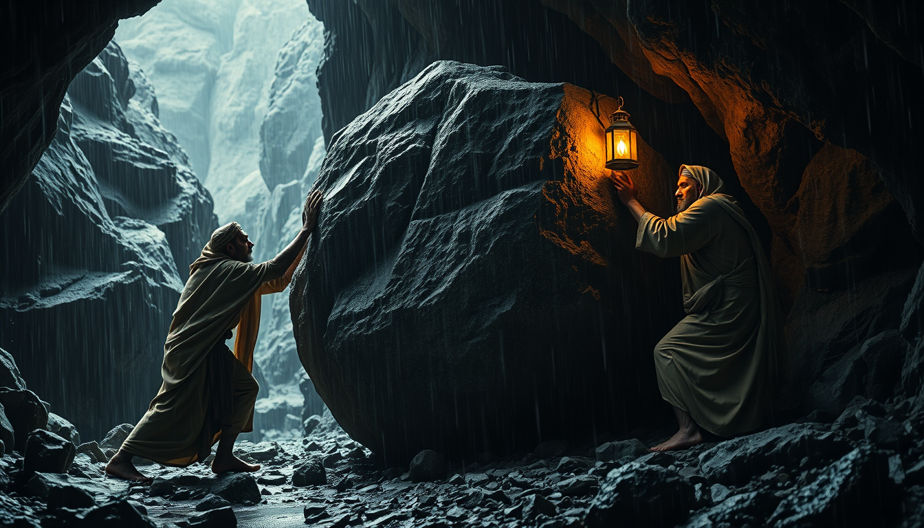 Main art studio: The same three ancient Arabian travelers desperately pushing a huge boulder blocking the entrance of their mountain cave. They use all their strength 