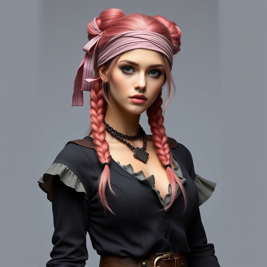 Main art studio: Adult woman thief, dusty pink braided bun hair, vinok inspired headband with ribbons, dark pants and also with boots, kinda pirate thief inspired, ruf