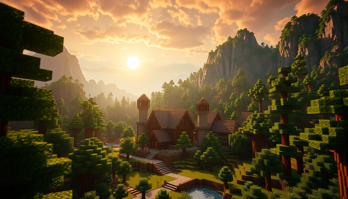AI Art prompt example created from the prompt: A stunning ultra-realistic Minecraft scene, clearly recognizable as Minecraft, featuring a beautiful blocky village surrounded by lush fores