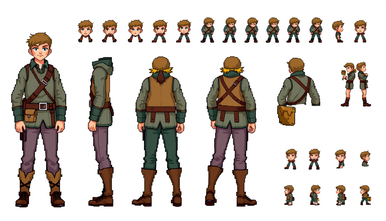 Main art studio: Pixel art spritesheet for a 2D fantasy RPG, classic low-resolution fantasy game style. Create a random original adventurer character shown in 4 direct