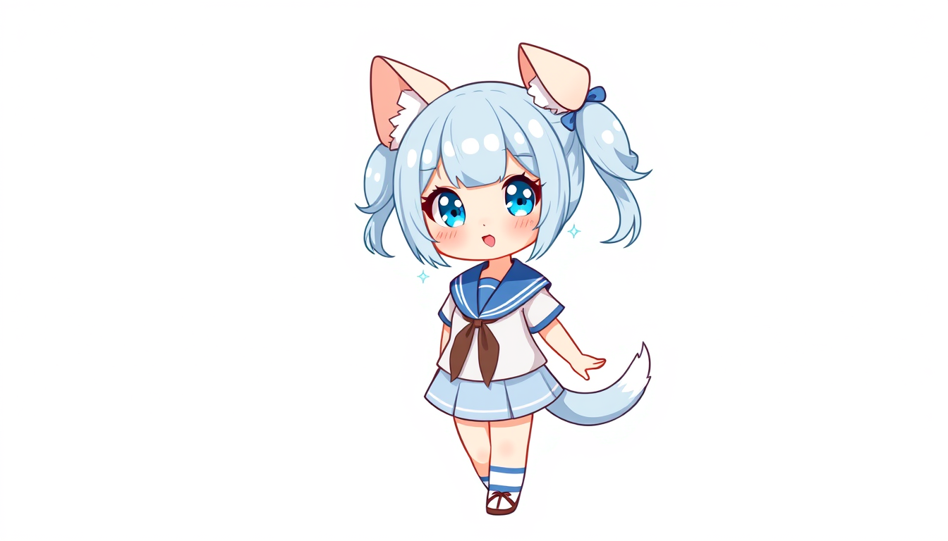 Main art studio: A cute original girl character with puppy ears and a puppy tail, twin-tail hair, wearing a light blue and white sailor-style outfit. Cute anime illust