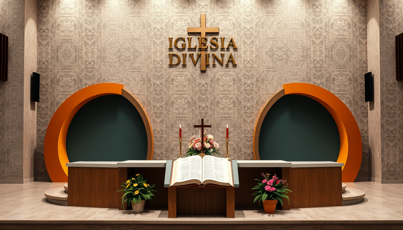 Main art studio: Altar moderno para iglesia evangélica Asambleas de Dios. Vista frontal completa. Dos gradas centrales semicirculares que cubran todo el ancho, y grada