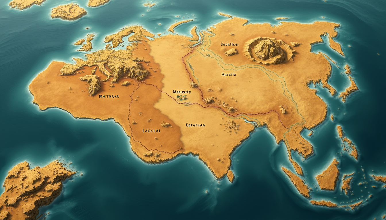 Main art studio: A fantasy map featuring a single continent, with a vast, arid wasteland—a region of nothingness—connected to the eastern part of the continent by a na
