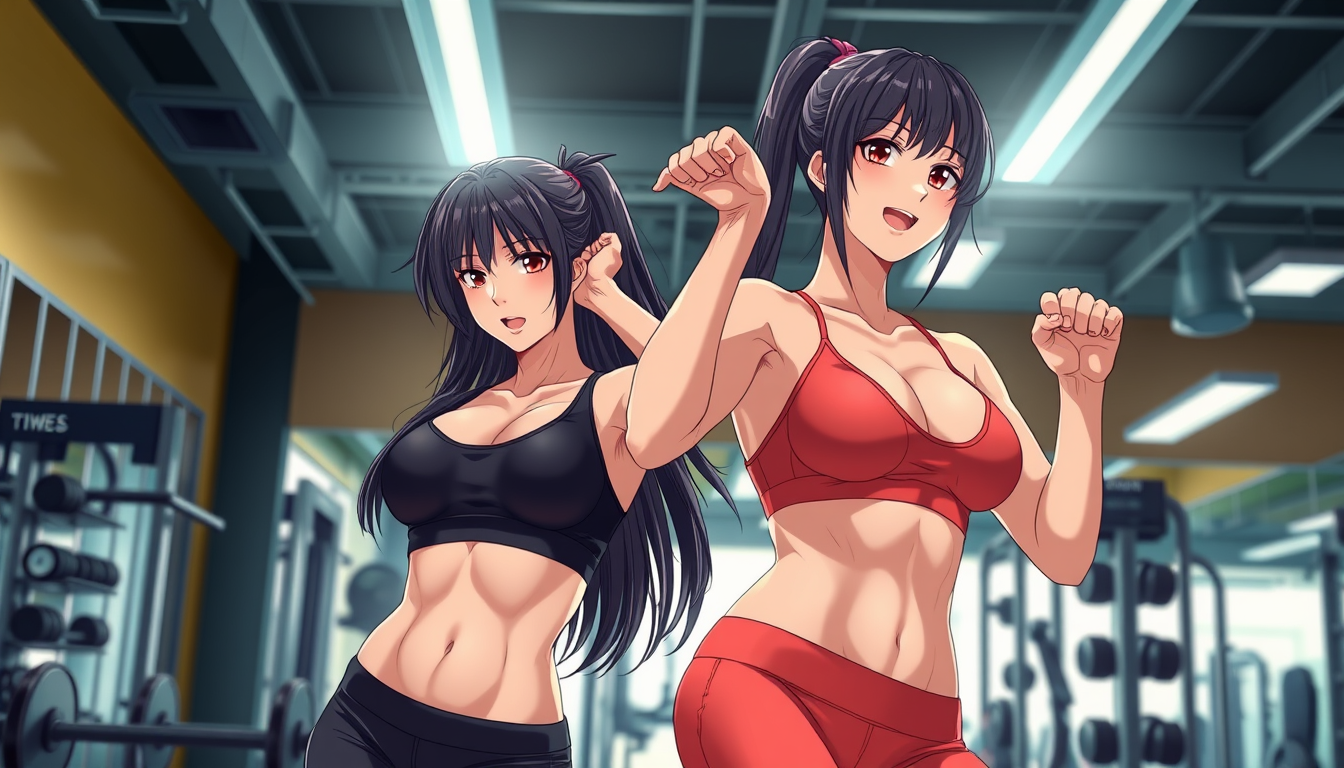 Main art studio: Mikasa Ackerman and Yoruichi Shihōin as glamorous adult fitness influencers during an intense workout in a realistic modern commercial gym. Abs toned
