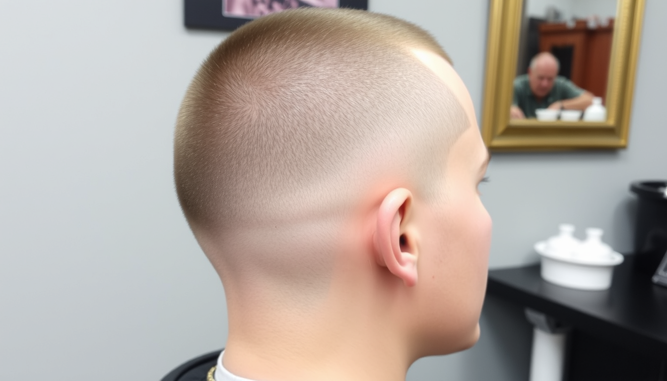 Main art studio: #8 buzz cut with a high, hard sideburn cutoff. Description: Hair: #8 clipper (about 1 inch / 25 mm) all over. Sideburn: shaved completely to the skin 