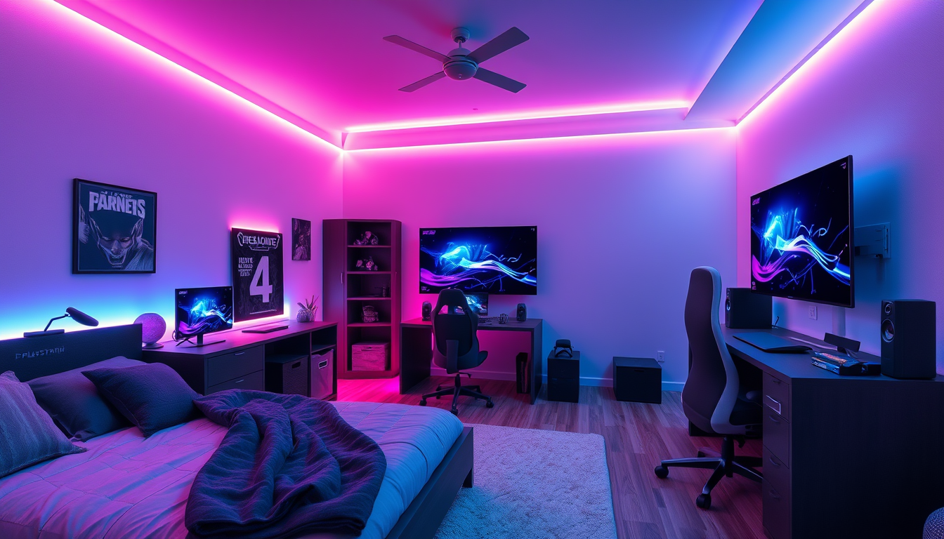 AI Art prompt example created from the prompt: Chambre gaming pour un jeune de 12 ans, PS5, grande TV, lit, bureau gaming, LED bleues et violettes, chaise gaming, décoration PlayStation,