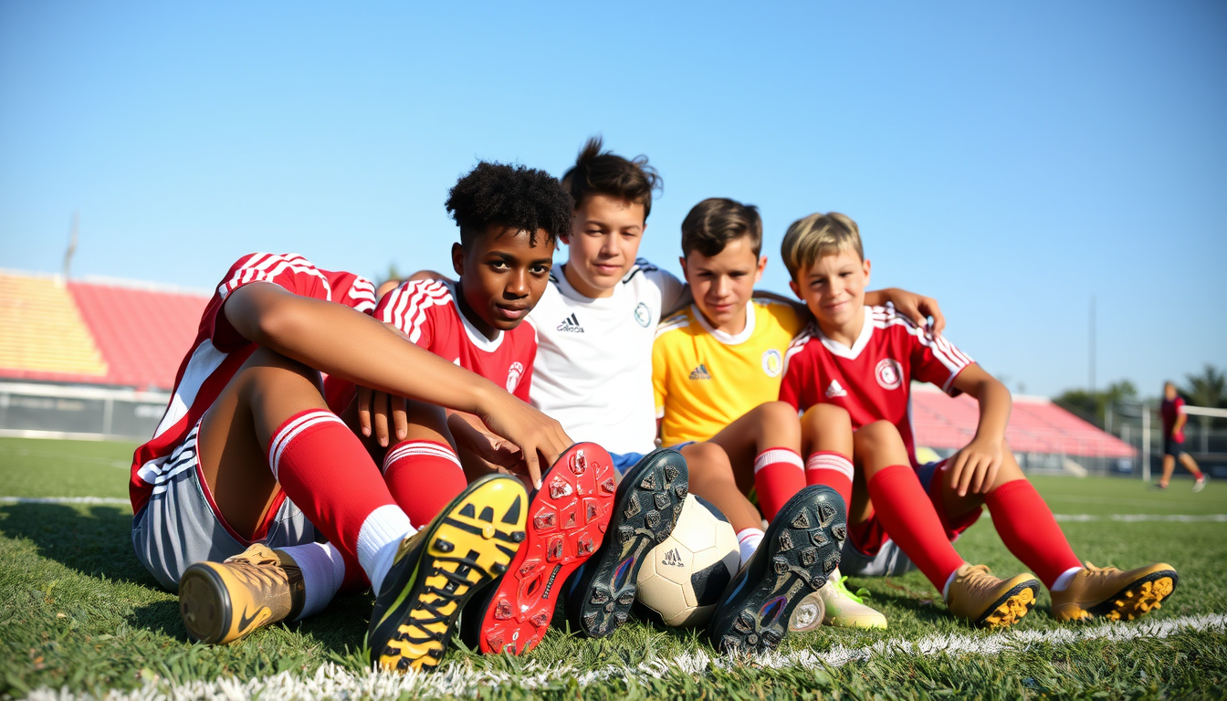 Main art studio: Tired american soccer boys after practice hanging out, sitting togther on the pitch affectionately comparing their soccer shoes.
