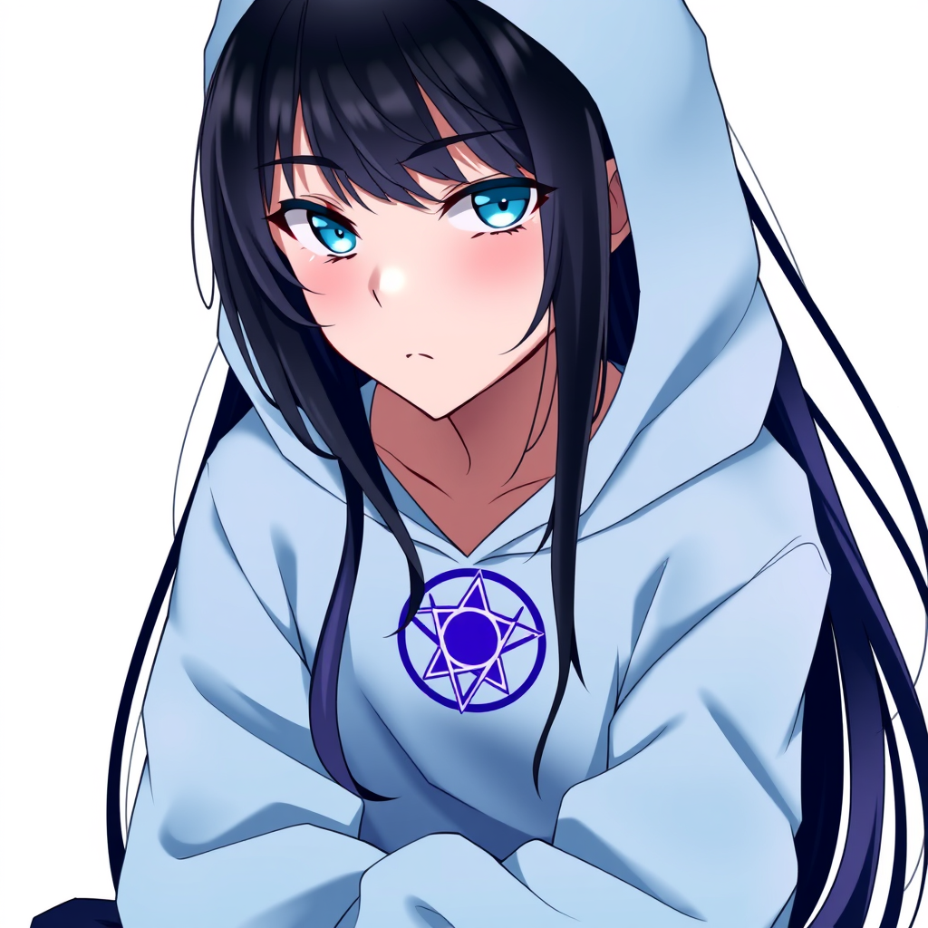 Anime idea: anime style, vibrant colors, expressive eyes, Anime-style teenage boy, gentle and quiet expression. Long black hair with bangs covering his eyes, pale