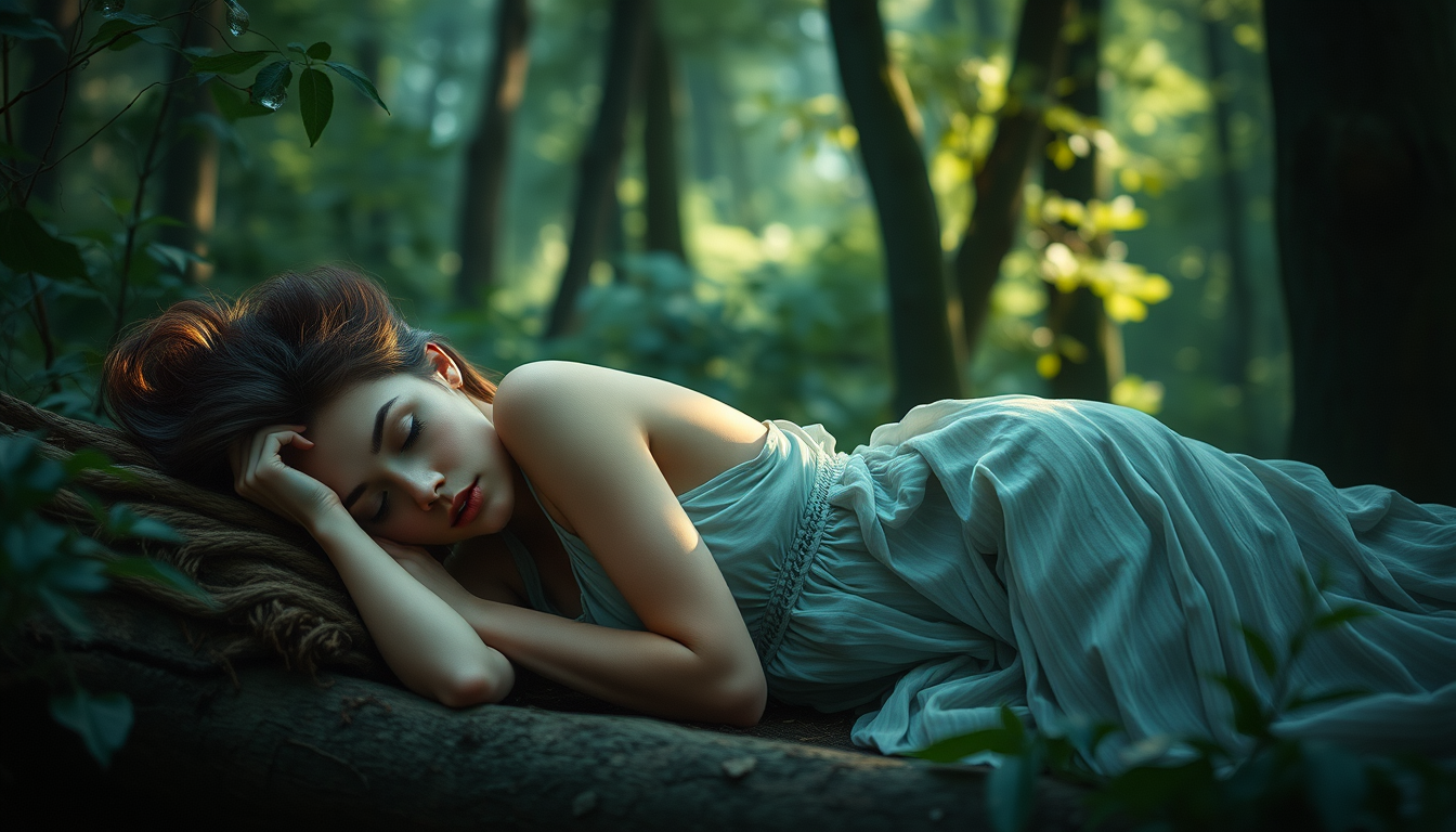 Main art studio: Nice young women sleeping ni forest. Full body. Fotorealistic