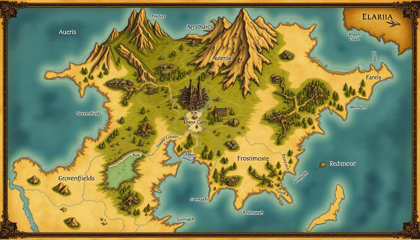Main art studio: Large mainland fantasy kingdom, not an island. Elaris has one continuous landmass. Aurelian is a central inland capital. The Aurelian Peaks form one c