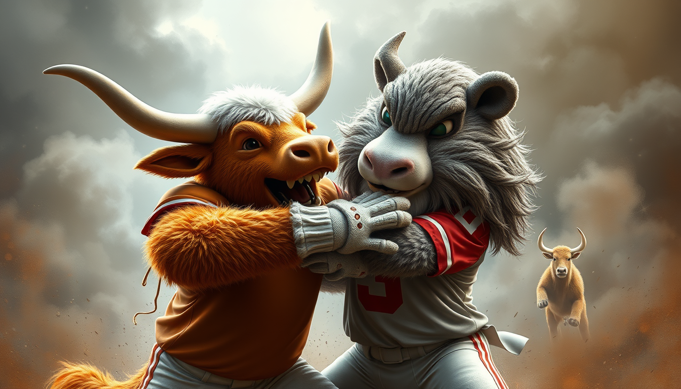 Main art studio: In the style of fantasy art, create an image of the Texas Longhorns mascot defeating the Ohio State Mascot. Ensure both mascot's faces are visible