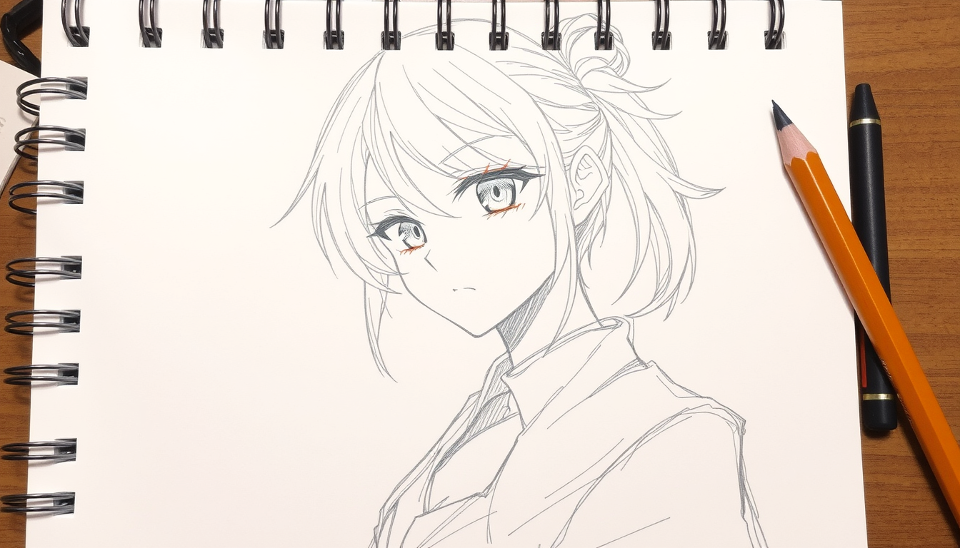 AI Art prompt example created from the prompt: Shenhe from Genshin Impact, hand-drawn anime sketch on notebook paper, graphite and colored pencil, fine manga lineart, soft shading, detail