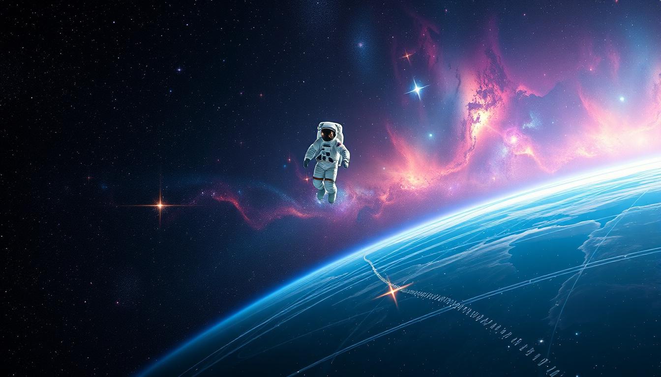 Main art studio: "A breathtaking view of deep space with colorful nebulae, countless stars, distant galaxies, a glowing blue planet in the foreground, and a lone astro