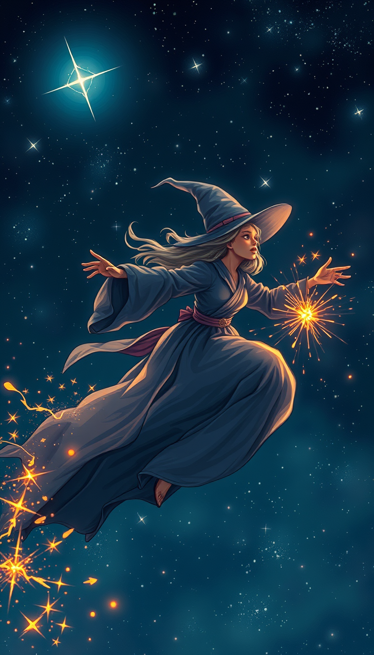 Main art studio: witch flying through a starry night sky, flowing robes, magical sparks