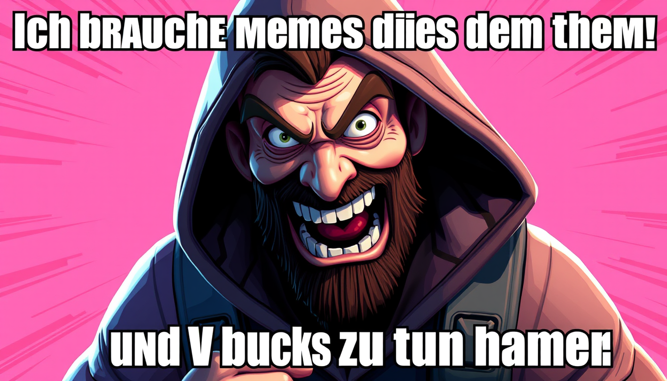 Meme idea: meme image, bold funny visual, exaggerated expressive subject, space for caption, Ich brauche memes die mit dem thema fortnite und V bucks zu tun habe
