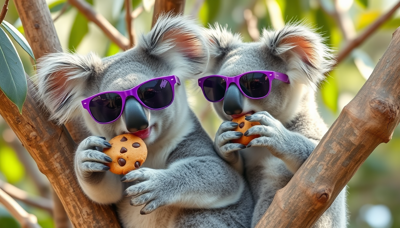 Main art studio: a koala with its baby on a tree. both of the koalas are wearing purple sunglasses, the baby has 2 pigtails. DO NOT FORGET THE PIGTAILS!!! they are eat