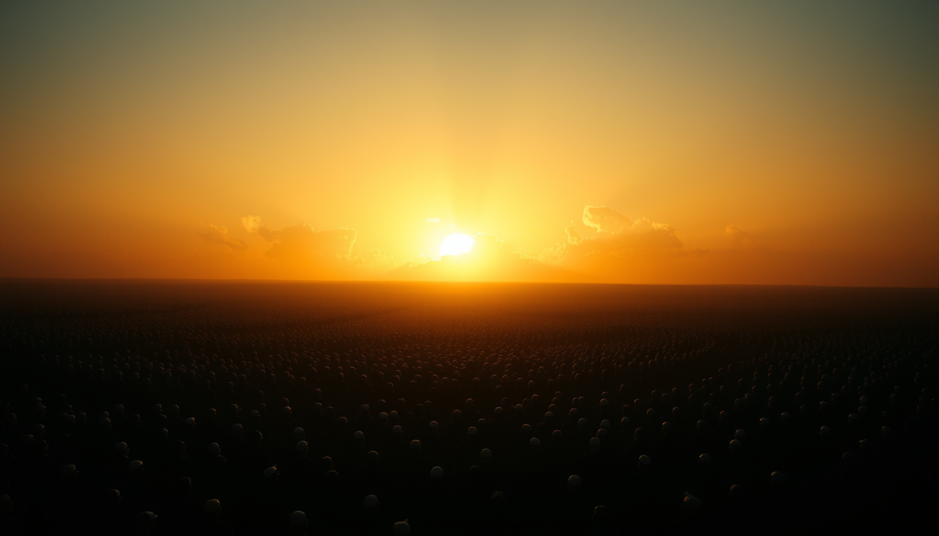 Main art studio: Cinematic Qiyamah scene at twilight, a vast empty plain covered with countless human silhouettes. The sky transitions from deep darkness into brillian