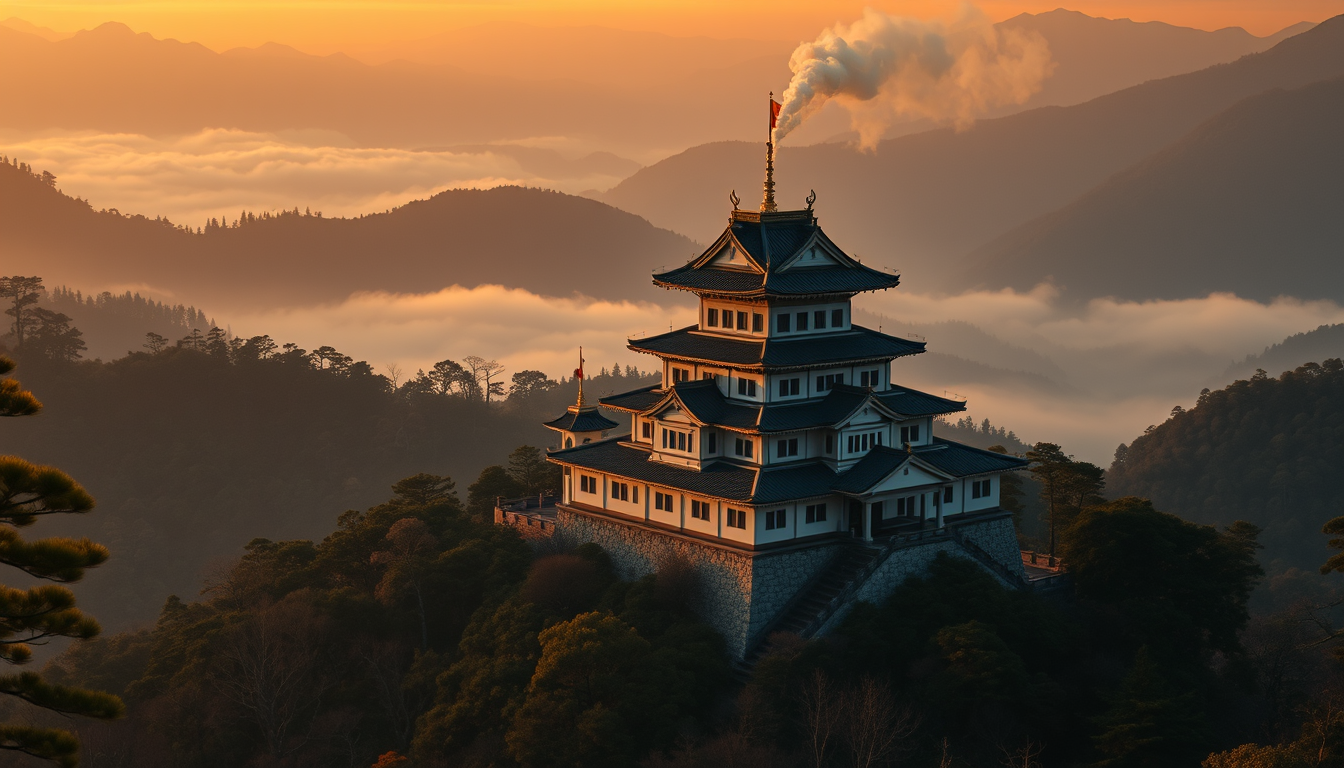 AI Art prompt example created from the prompt: A majestic Japanese mountain castle at sunrise during the late Sengoku period, surrounded by misty valleys and ancient pine forests. Golden 
